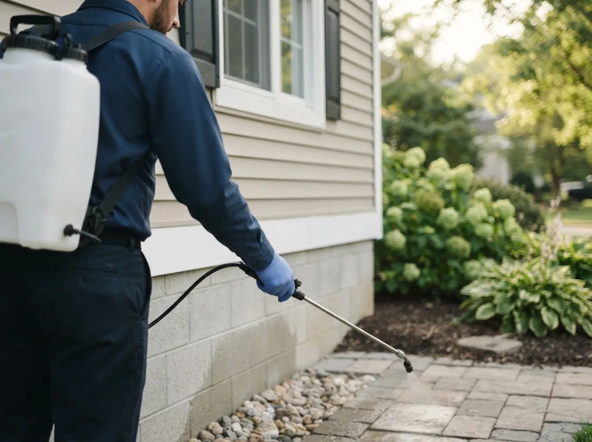 Pest control technician inspecting a home in Webster Groves, MO